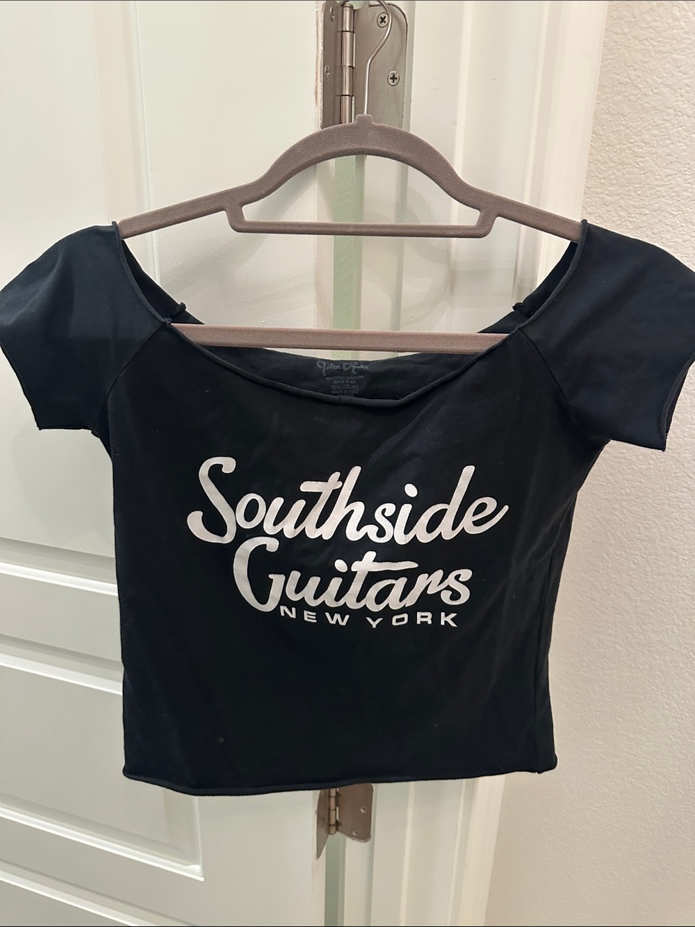 Brandy Melville Black Crop Top with White 'Southside Guitars' Graphic